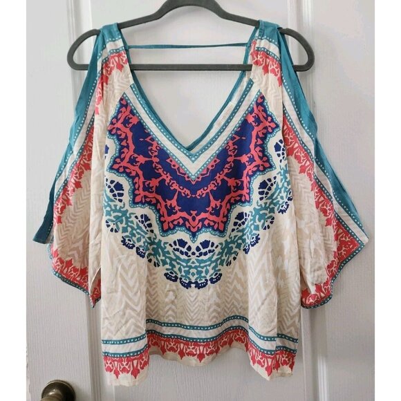 Jealous Tomato Women's V-Neck cold shoulder top‎ Bohemian Beach Rayon Size L - Picture 1 of 9
